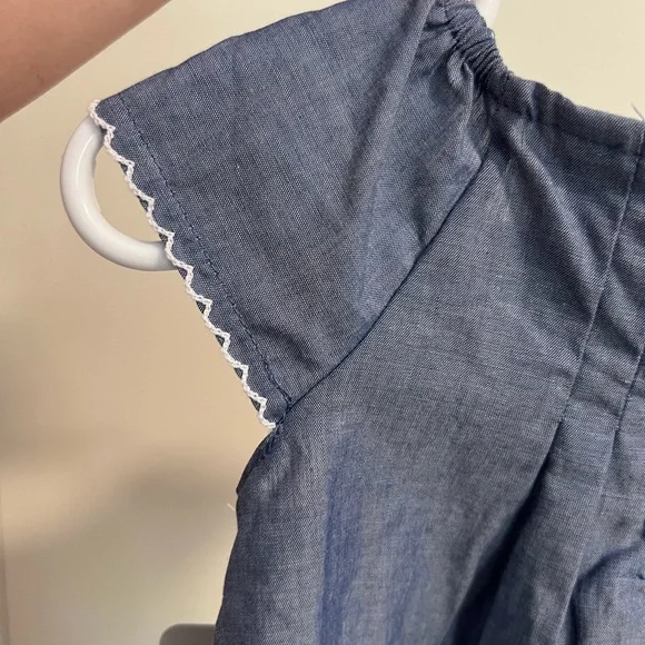 Disney Baby Blue Red Chambray Bow Floral Minnie Mouse Scalloped Dress 6-9 Months - Picture 4 of 6